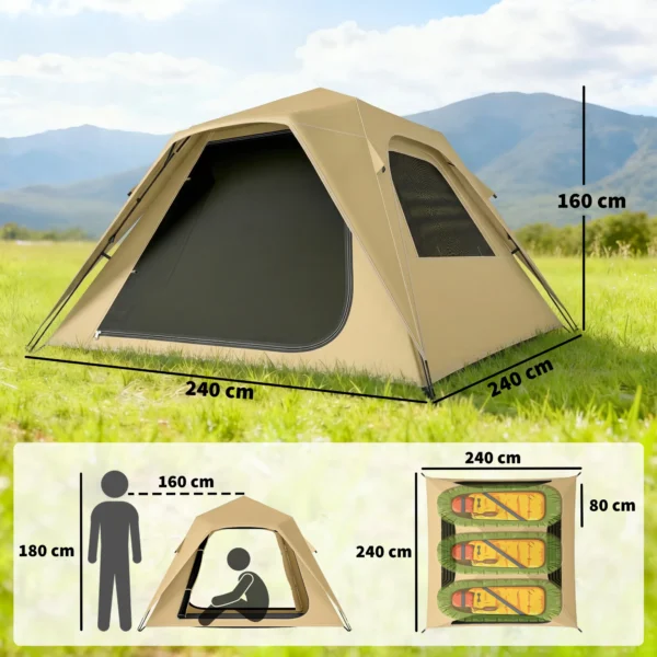 Instant Pop Up Tent Met Regenbescherming, Waterdicht Koepeltent Voor 2 3 Personen Met 2 Deuren 2 Ramen 240x240x160 Cm Khaki