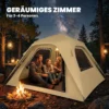 Instant Pop Up Tent Met Regenbescherming, Waterdicht Koepeltent Voor 2 3 Personen Met 2 Deuren 2 Ramen 240x240x160 Cm Khaki
