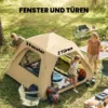 Instant Pop Up Tent Met Regenbescherming, Waterdicht Koepeltent Voor 2 3 Personen Met 2 Deuren 2 Ramen 240x240x160 Cm Khaki
