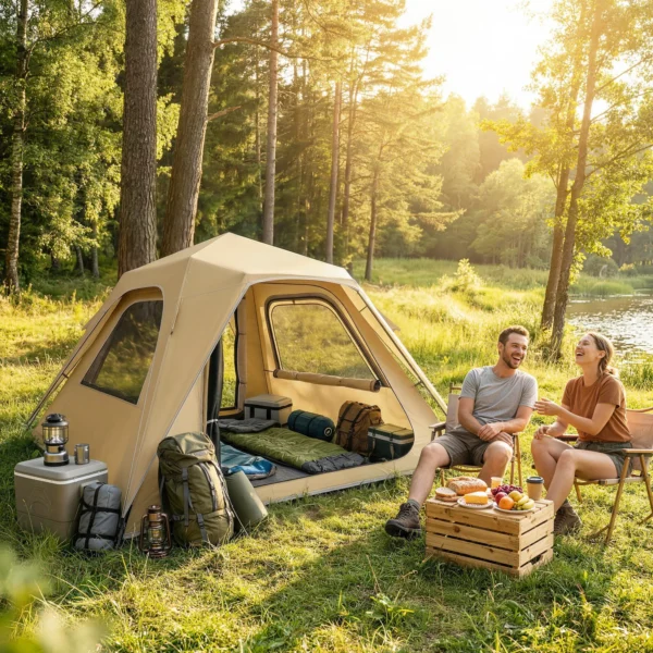 Instant Pop Up Tent Met Regenbescherming, Waterdicht Koepeltent Voor 2 3 Personen Met 2 Deuren 2 Ramen 240x240x160 Cm Khaki