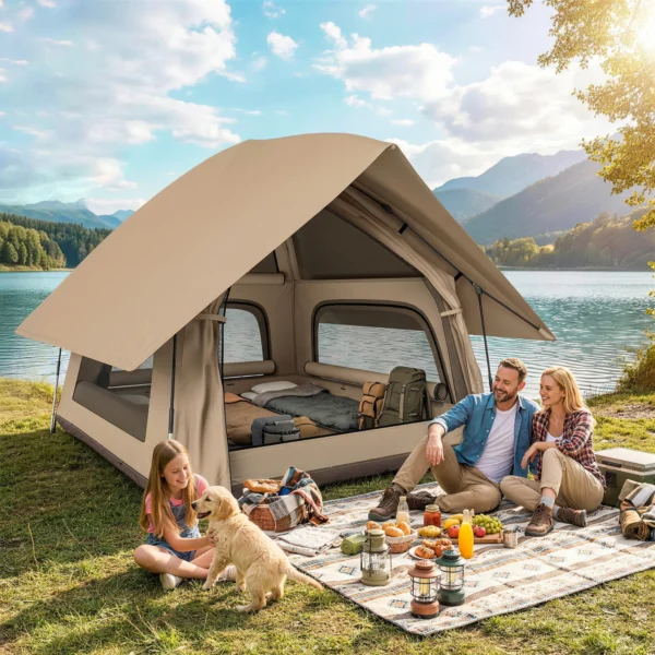 Instant Pop Up Tent Met Regenbescherming Waterdicht Koepeltent Voor 2 3 Personen Met Grondzeil 4 Ramen 235x235x184cm Khaki