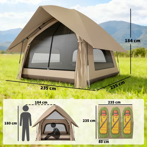 Instant Pop Up Tent Met Regenbescherming Waterdicht Koepeltent Voor 2 3 Personen Met Grondzeil 4 Ramen 235x235x184cm Khaki