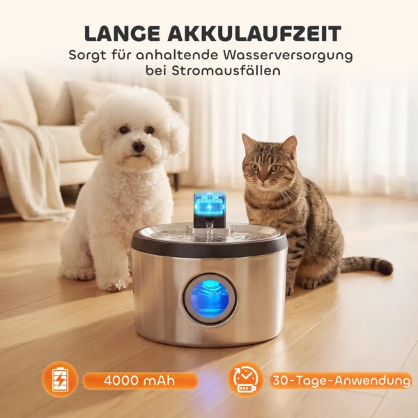 Kattenfontein 4L Draadloos Roestvrij Staal Drinkfontein Met Bewegingssensor 6 Filters Dubbel Filtersysteem LED Zilver