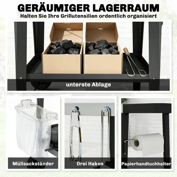 Keukenwagen Met Wielen, Serveerwagen Met Haken, Papierrolhouder, Vuilniszakstandaard, Roestvrij Staal, 115 X 67,5 X 80,5 Cm, Zwart