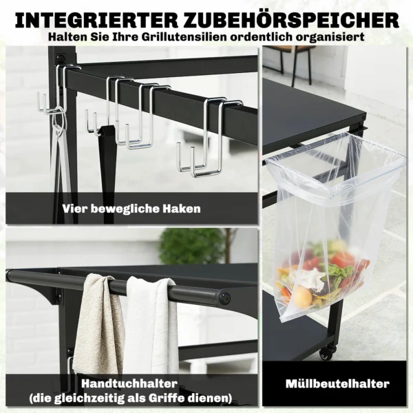 Keukenwagen Op Wielen, 2 laags Serveerwagen Met Vuilniszakhouder, Haken, Handvatten, 113 X 50,5 X 88 Cm Zwart