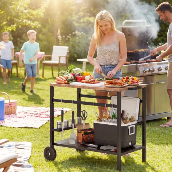 Keukenwagen Op Wielen, Serveerwagen, Rolwagen Met Haken, Drankhouder, Metaal, 97 X 51 X 83 Cm Zwart+Bruin