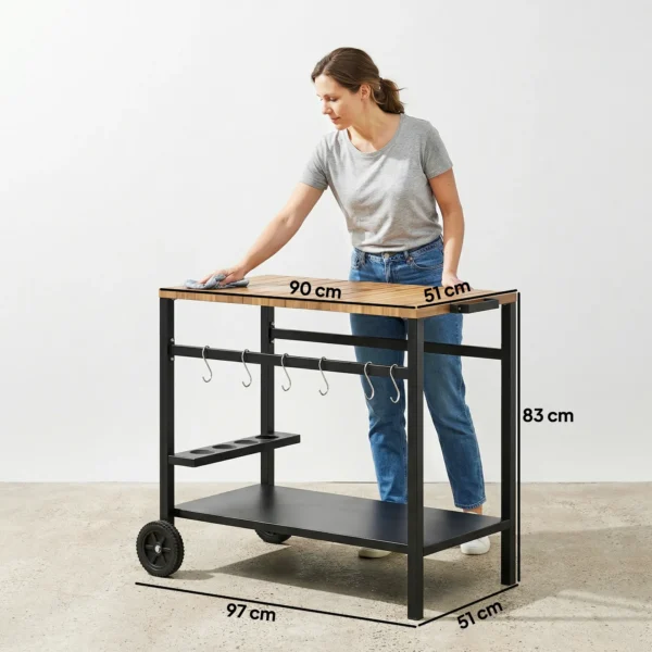 Keukenwagen Op Wielen, Serveerwagen, Rolwagen Met Haken, Drankhouder, Metaal, 97 X 51 X 83 Cm Zwart+Bruin