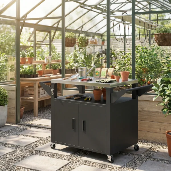 Keukenwagen Op Wielen, Serveerwagen, Rolwagen Met Kast, Handvatten, Roestvrijstalen Oppervlak 117 X 55 X 78 Cm Zwart