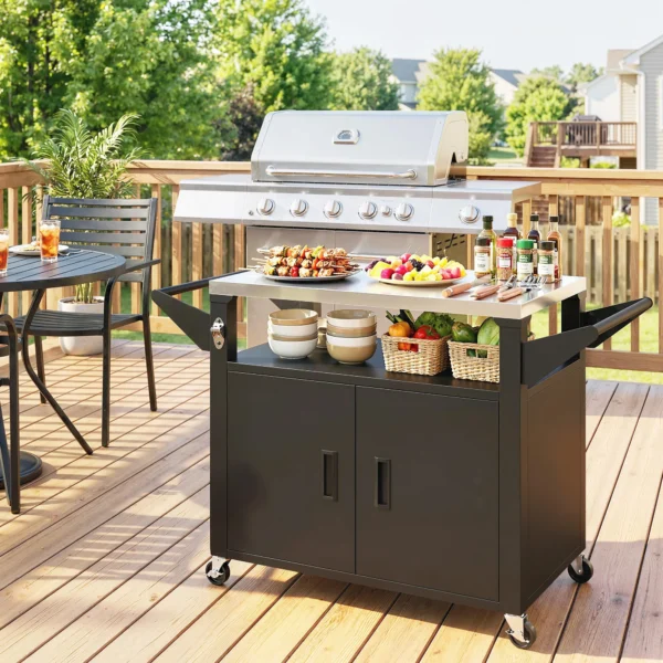 Keukenwagen Op Wielen, Serveerwagen, Rolwagen Met Kast, Handvatten, Roestvrijstalen Oppervlak 117 X 55 X 78 Cm Zwart