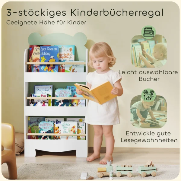 Kinderboekenkast, 3 laags Kinderrek Met Berenthema Voor Boeken Speelgoed Kinderkamer, 55 X 15 X 110 Cm, Groen