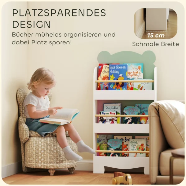 Kinderboekenkast, 3 laags Kinderrek Met Berenthema Voor Boeken Speelgoed Kinderkamer, 55 X 15 X 110 Cm, Groen