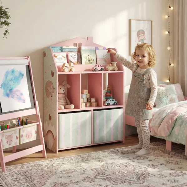 Kinderboekenkast Met 2 Stoffen Lades, Open Kast Voor 3 8 Jaar 62,5x30x91,5 Cm Roze