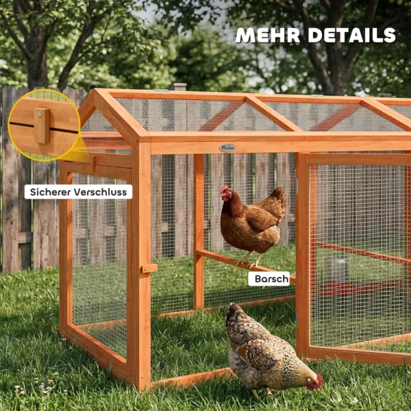 Kippenhok Met Vrije Uitloop, Zitstok, Dubbele Deuren, Gemaakt Van Hout En Metaal, Voor 4 Kippen, 156 X 70,5 X 84 Cm Oranje