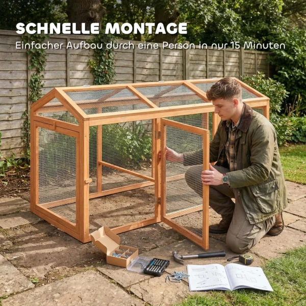 Kippenhok Met Vrije Uitloop, Zitstok, Dubbele Deuren, Gemaakt Van Hout En Metaal, Voor 4 Kippen, 156 X 70,5 X 84 Cm Oranje