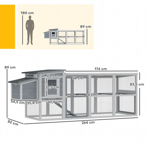 Kippenhok Voor 3 4 Kippen Met Ren, Nestkast, Asfaltdak, Oxford hoes, Uittreklade 264x82x89cm Grijs