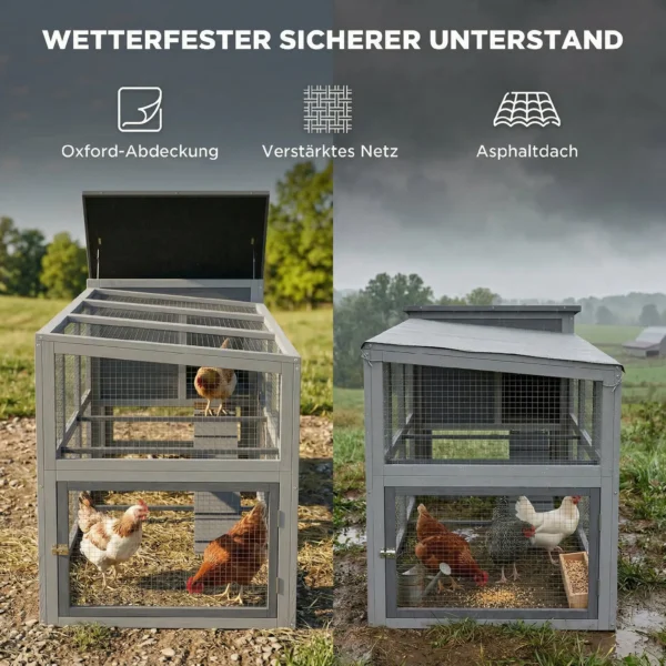 Kippenhok Voor 3 4 Kippen Met Ren, Nestkast, Asfaltdak, Oxford hoes, Uittreklade 264x82x89cm Grijs