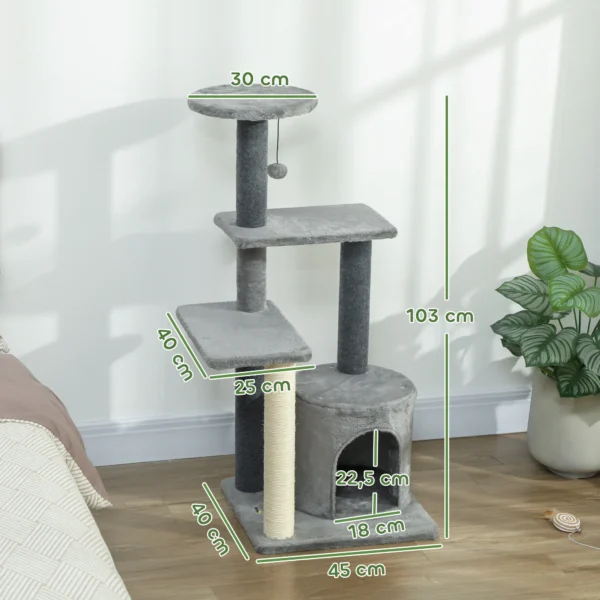Krabpaal 103 Cm Met Kattenhol, Platforms, Sisal Krabpalen, Pluche Bal Voor Katten Tot 5 Kg, Grijs
