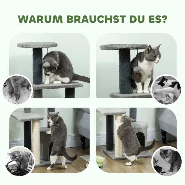 Krabpaal 103 Cm Met Kattenhol, Platforms, Sisal Krabpalen, Pluche Bal Voor Katten Tot 5 Kg, Grijs