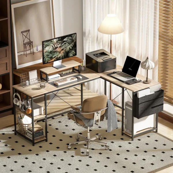 L vormig Bureau, Veelzijdige Kantoortafel Met Verstelbare Planken En Opbergtas, Monitorstandaard, Natuur