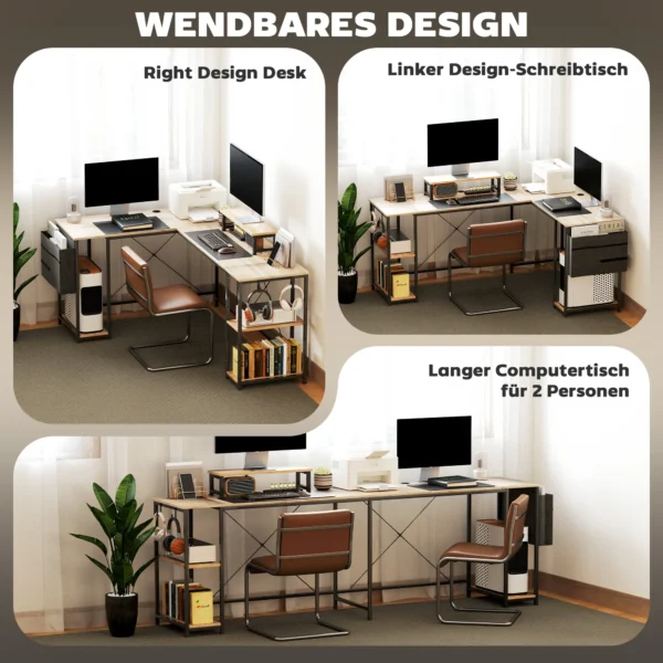 L vormig Bureau, Veelzijdige Kantoortafel Met Verstelbare Planken En Opbergtas, Monitorstandaard, Natuur