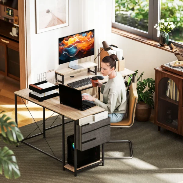 L vormig Bureau, Veelzijdige Kantoortafel Met Verstelbare Planken En Opbergtas, Monitorstandaard, Natuur