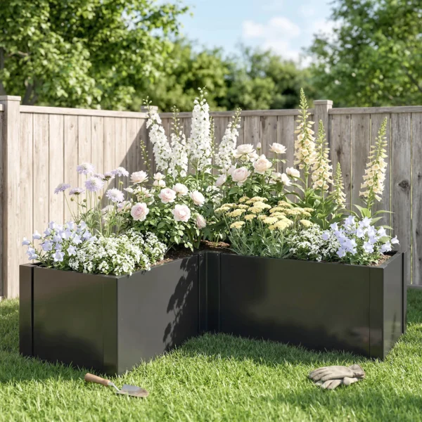 L vormig Verhoogd Bloembed Weerbestendig, Plantenbed Koude Bak Gemaakt Van Gegalvaniseerd Staal 150 X 150 X 55 Cm Zwart