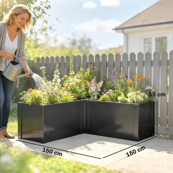 L vormig Verhoogd Bloembed Weerbestendig, Plantenbed Koude Bak Gemaakt Van Gegalvaniseerd Staal 150 X 150 X 55 Cm Zwart
