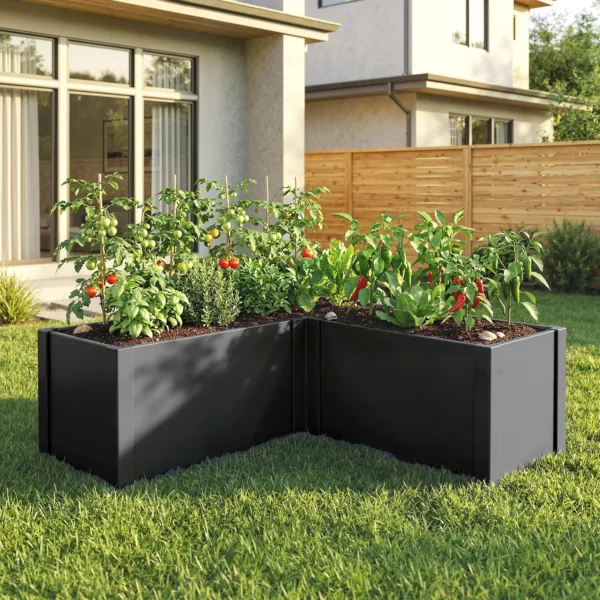 L vormig Verhoogd Bloembed Weerbestendig, Plantenbed Koude Bak Gemaakt Van Gegalvaniseerd Staal 150 X 150 X 55 Cm Zwart