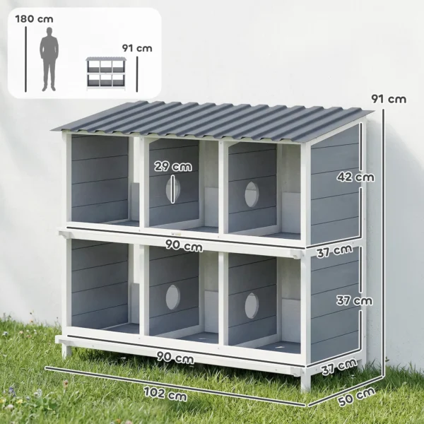 Legnest Voor Kippen, Verhoogd Kippennest Van Hout Met 6 Vakken, 2 Zitstokken Voor Kleinveestal 102 X 50 X 91 Cm, Grijs