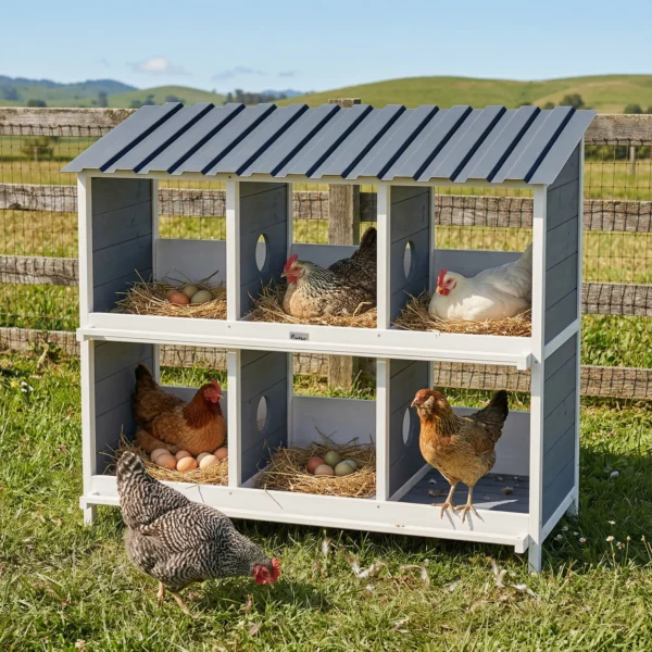 Legnest Voor Kippen, Verhoogd Kippennest Van Hout Met 6 Vakken, 2 Zitstokken Voor Kleinveestal 102 X 50 X 91 Cm, Grijs