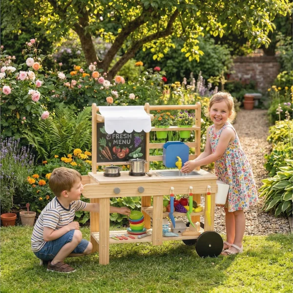 Matschküche Kinder Outdoor, Houten Speelkeuken Met Echte Kraan, Spoelbak, Fornuis, Opbergvak, Watertank, Natuurhout