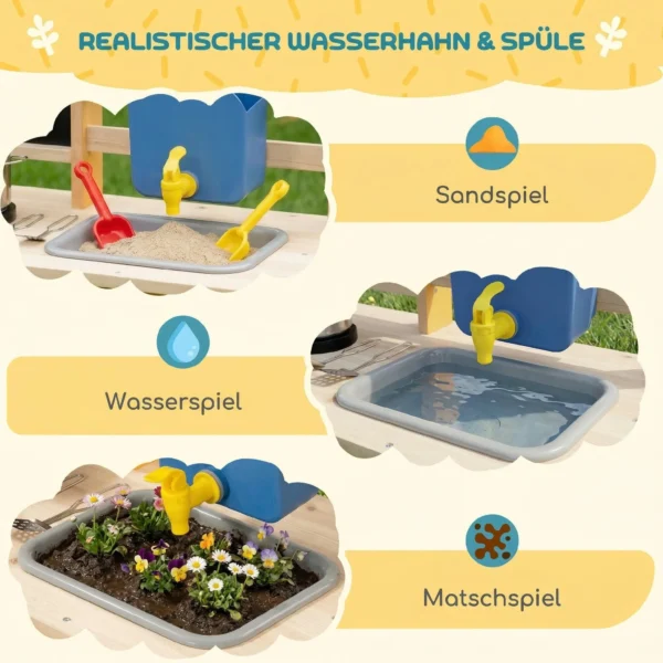 Matschküche Kinder Outdoor, Houten Speelkeuken Met Echte Kraan, Spoelbak, Fornuis, Opbergvak, Watertank, Natuurhout