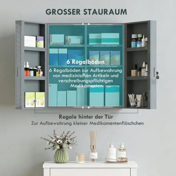 Medisch Kastje, Afsluitbaar Medicijnkastje Met 2 Deuren En 6 Planken, Koolgrijs