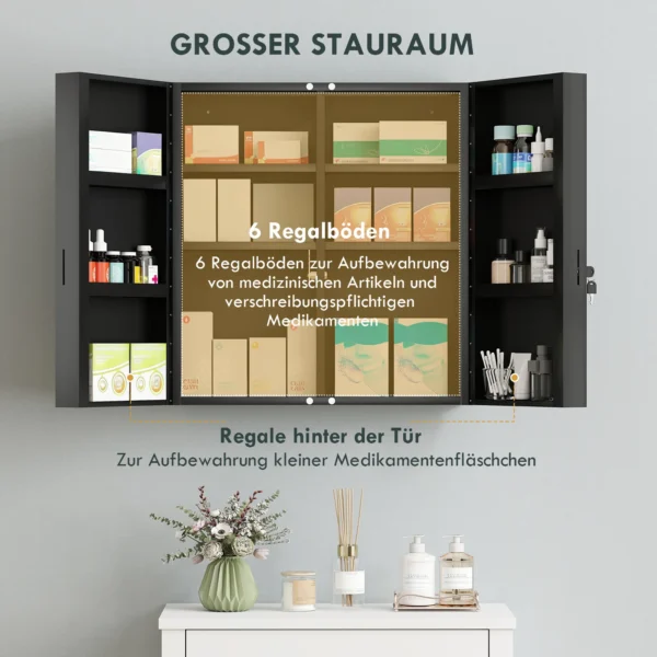 Medisch Kastje, Afsluitbare Medicijnkast Met 2 Deuren En 6 Planken, Zwart