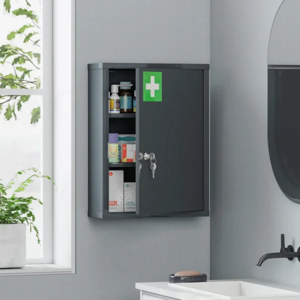 Medisch Kastje Voor Wandmontage Met Slot, 3 laags Stalen Wandkast, 40 X 15 X 53,5 Cm, Koolgrijs