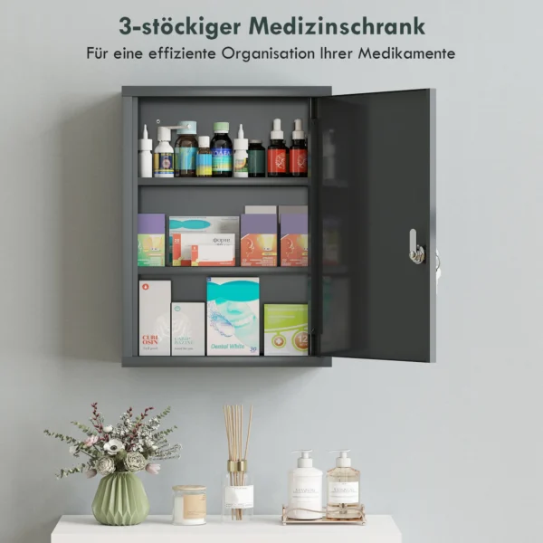 Medisch Kastje Voor Wandmontage Met Slot, 3 laags Stalen Wandkast, 40 X 15 X 53,5 Cm, Koolgrijs