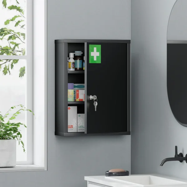 Medisch Kastje Voor Wandmontage Met Slot, 3 laags Stalen Wandkast, 40 X 15 X 53,5 Cm, Zwart