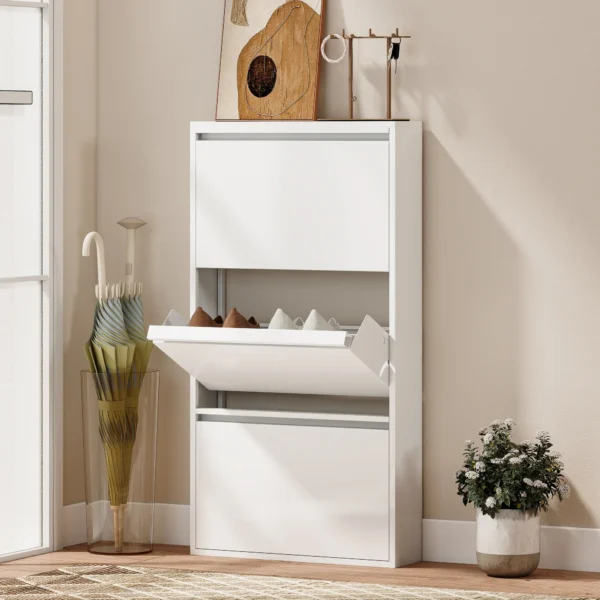 Metalen Schoenenkast Met 3 Klapvakken, Slanke Schoenenkast, Wandmontage, Voor 6 Paar Schoenen, Wit