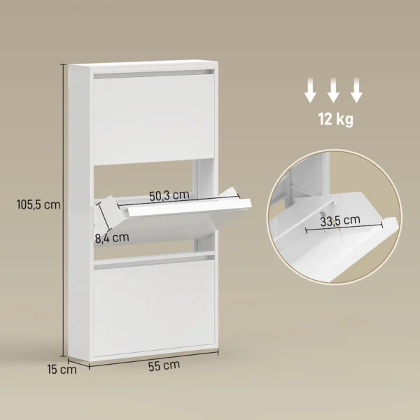 Metalen Schoenenkast Met 3 Klapvakken, Slanke Schoenenkast, Wandmontage, Voor 6 Paar Schoenen, Wit
