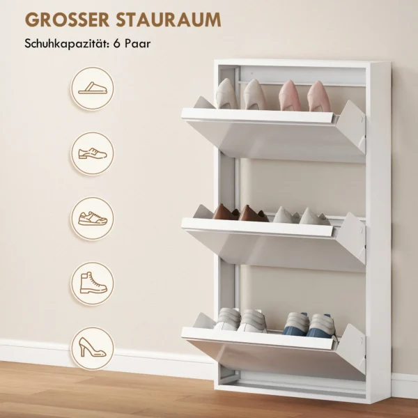 Metalen Schoenenkast Met 3 Klapvakken, Slanke Schoenenkast, Wandmontage, Voor 6 Paar Schoenen, Wit