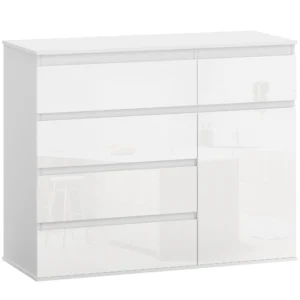 Modern Dressoir, Opbergruimte Dressoir Met 5 Lades, Verstelbaar Rek, Soft close Deur, Hoogglans Wit