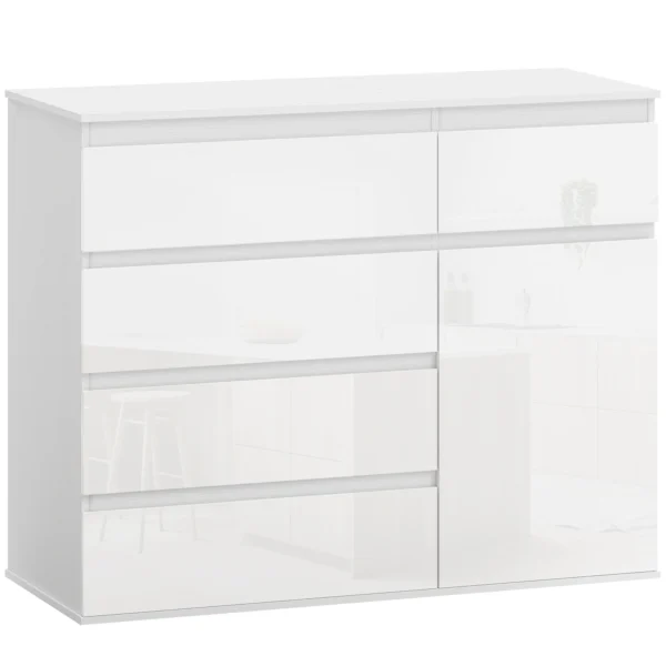 Modern Dressoir, Opbergruimte Dressoir Met 5 Lades, Verstelbaar Rek, Soft close Deur, Hoogglans Wit