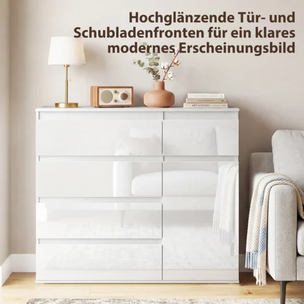 Modern Dressoir, Opbergruimte Dressoir Met 5 Lades, Verstelbaar Rek, Soft close Deur, Hoogglans Wit