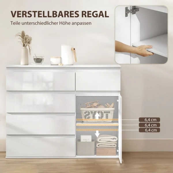 Modern Dressoir, Opbergruimte Dressoir Met 5 Lades, Verstelbaar Rek, Soft close Deur, Hoogglans Wit