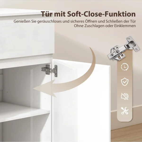 Modern Dressoir, Opbergruimte Dressoir Met 5 Lades, Verstelbaar Rek, Soft close Deur, Hoogglans Wit