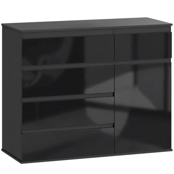 Modern Dressoir, Opbergruimte Dressoir Met 5 Lades, Verstelbaar Rek, Soft close Deur, Hoogglans Zwart