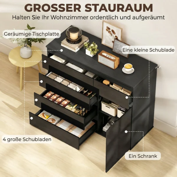 Modern Dressoir, Opbergruimte Dressoir Met 5 Lades, Verstelbaar Rek, Soft close Deur, Hoogglans Zwart