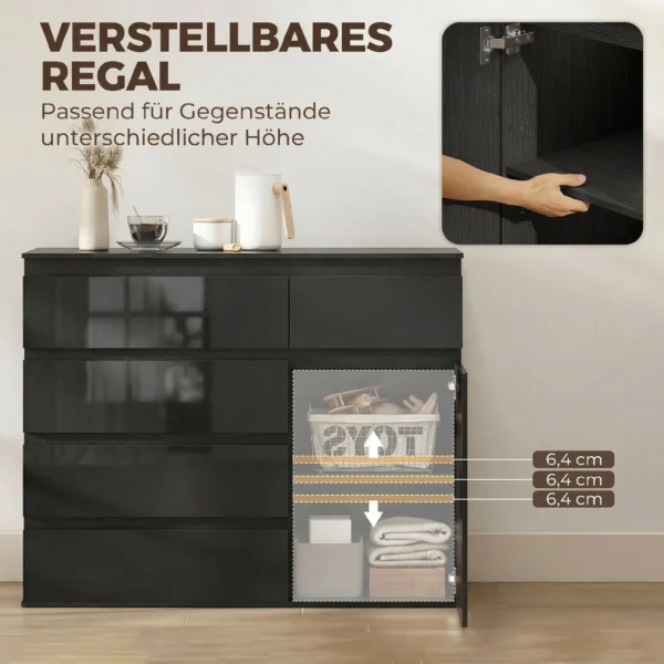 Modern Dressoir, Opbergruimte Dressoir Met 5 Lades, Verstelbaar Rek, Soft close Deur, Hoogglans Zwart