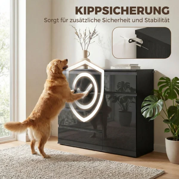 Modern Dressoir, Opbergruimte Dressoir Met 5 Lades, Verstelbaar Rek, Soft close Deur, Hoogglans Zwart