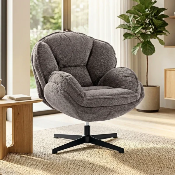 Moderne Wingback fauteuil, Fluwelen Fauteuil Met Viersterrenbasis, S veren, 360° Draaifunctie, Grijs